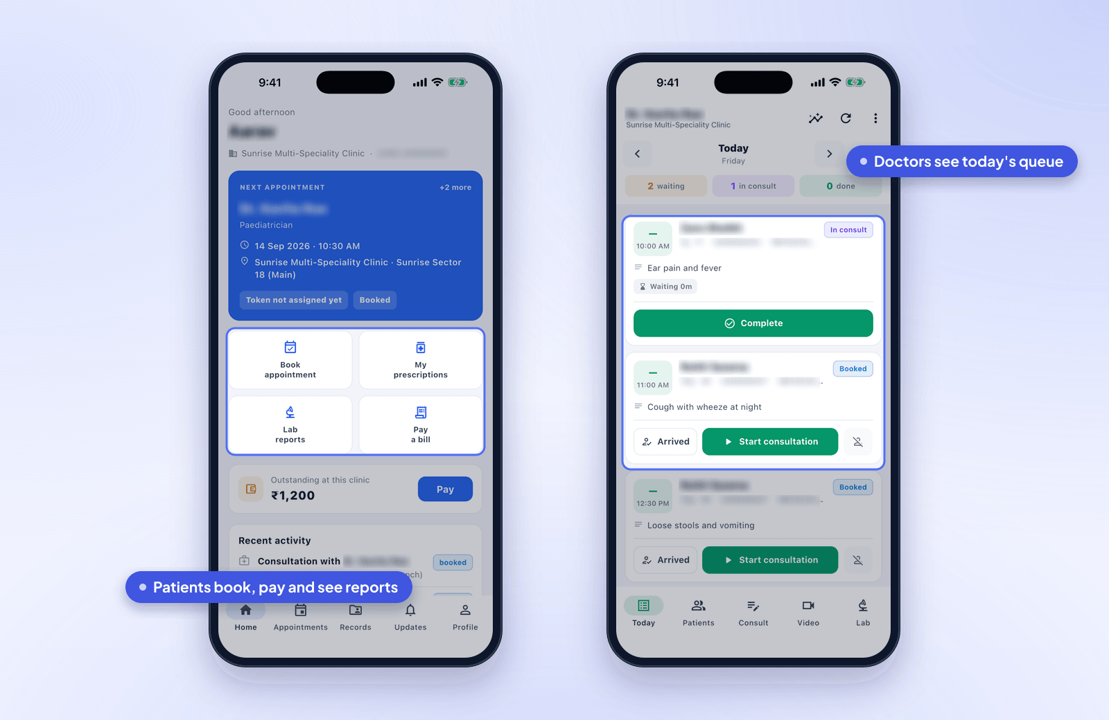 The patient app and the doctor app side by side on two phones