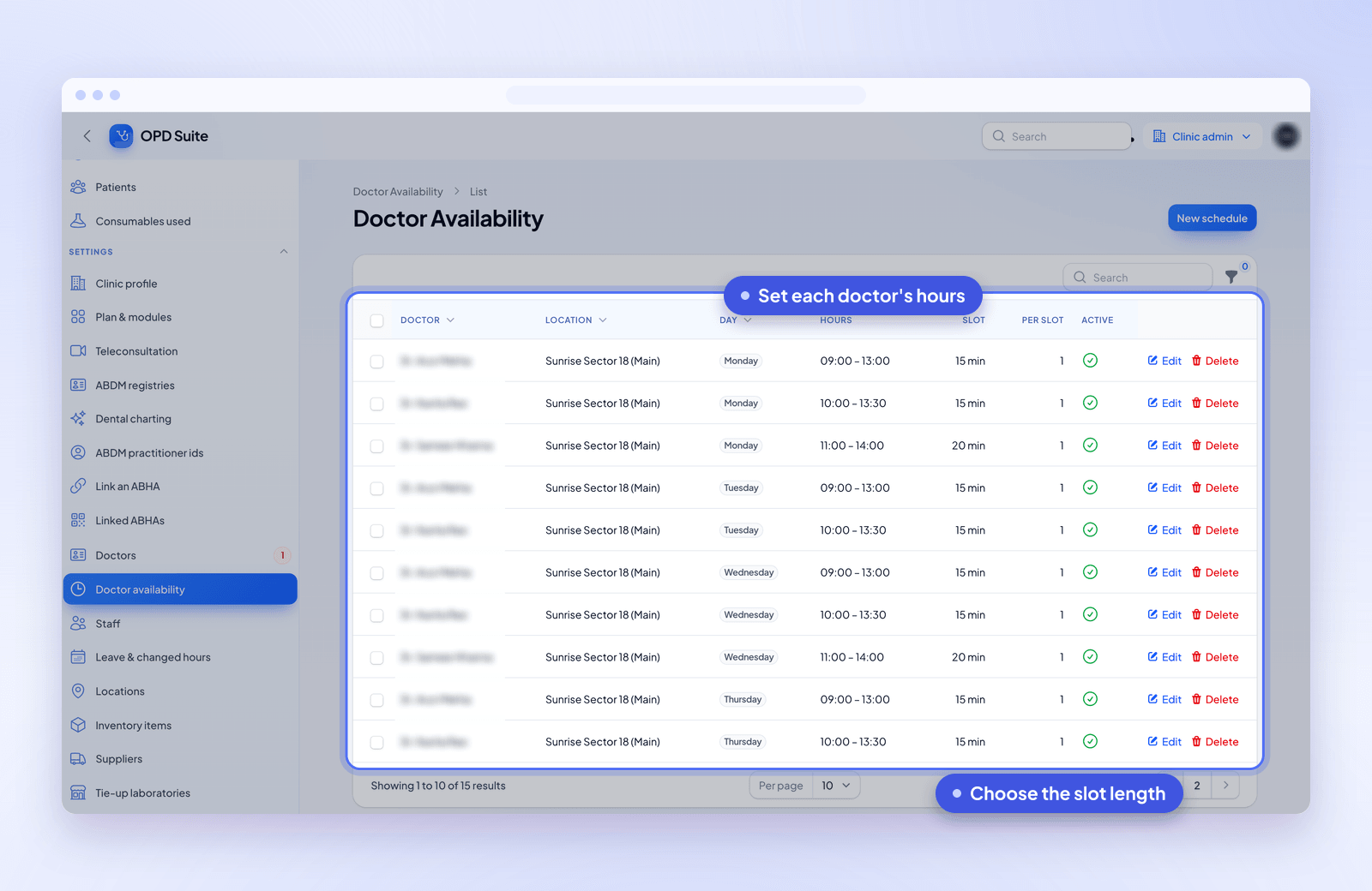 Doctor schedules in the clinic software, with each doctor's booked and free slots for the day
