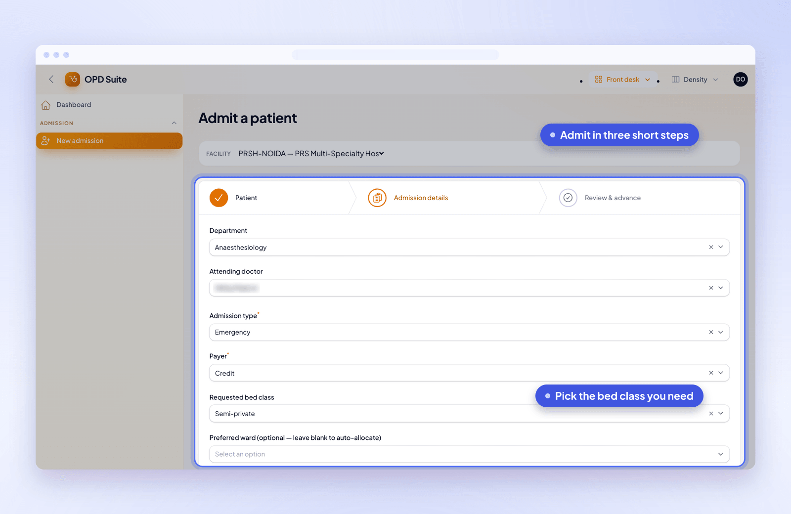 The admission screen: find or register the patient, add admission details, then confirm.
