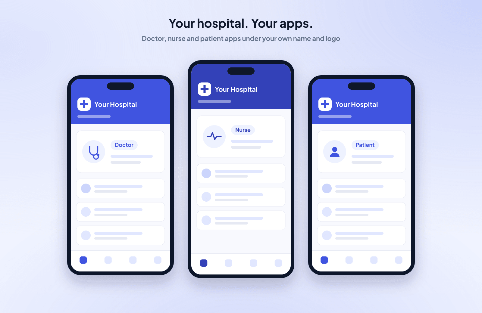 Illustration of doctor, nurse and patient apps carrying a hospital's own name and colours.