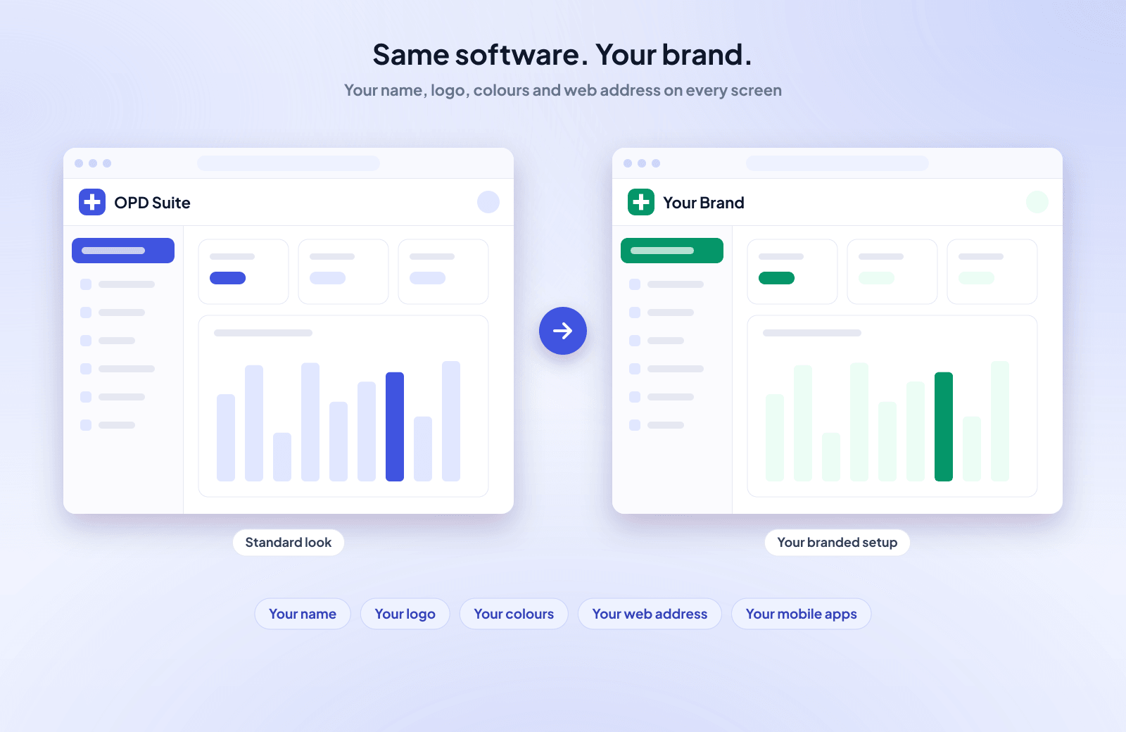 The same software shown under a client's own name, logo and colours